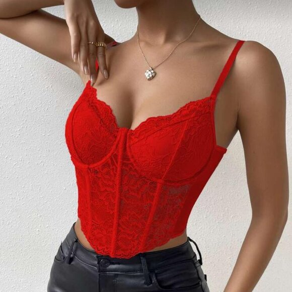 TOP RED Sleeveless floral lace top tube top bustier vest corset top red summer - Picture 5 of 14